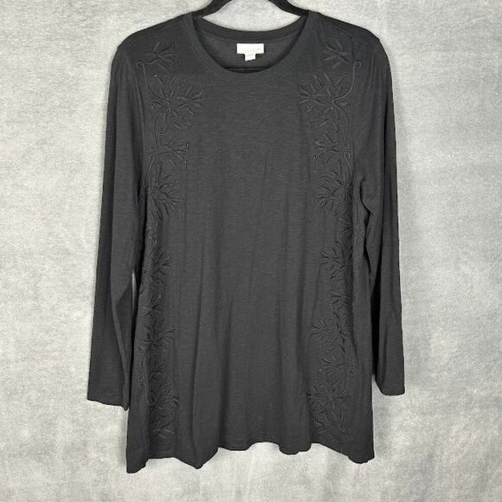J Jill Top Womens Large Black Embroidered Beaded Tunic Long Sleeve Neutral